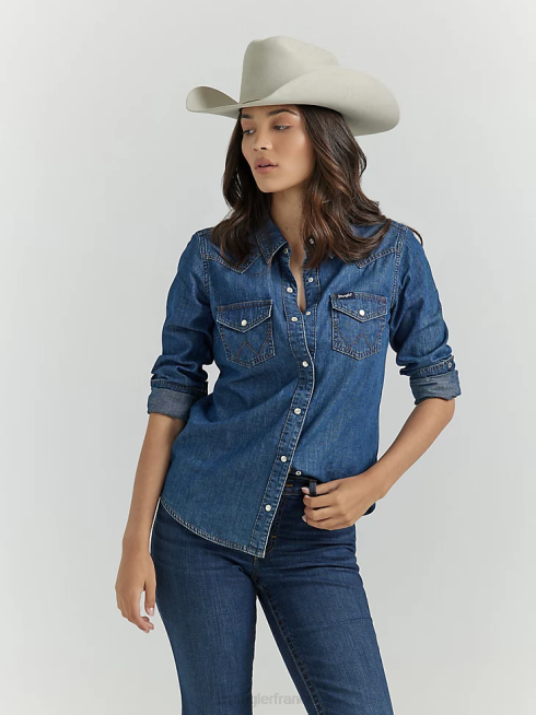 Wrangler femmes chemise en jean western à boutons-pression à manches longues PN28D881 vêtements jean foncé (lw7007d)