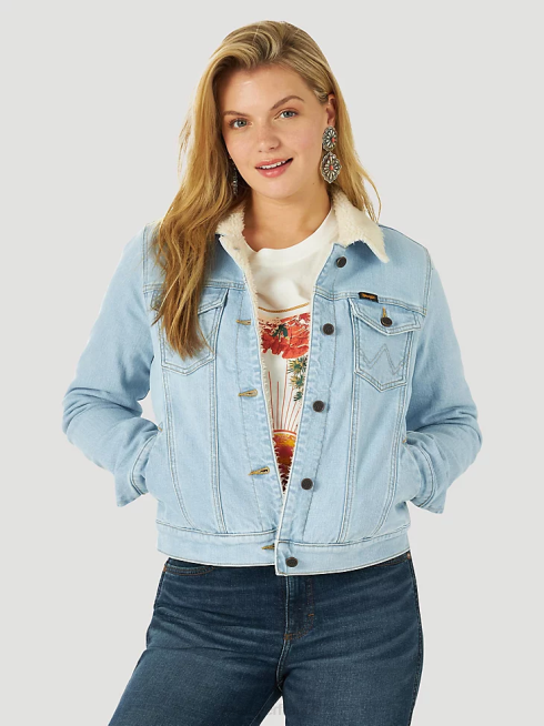 Wrangler femmes veste en jean western rétro doublée de sherpa PN28D870 vêtements denim blanchi (112317322)