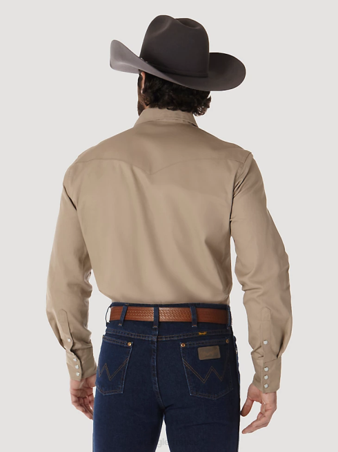 Wrangler Hommes Chemise de travail solide à manches longues, coupe cowboy, finition ferme, western snap PN28D417 vêtements kaki (ms70319)