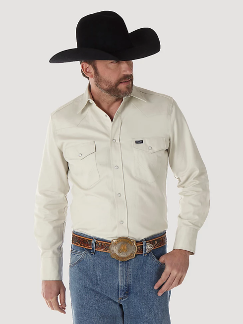 Wrangler Hommes Chemise de travail solide à manches longues, coupe cowboy, finition ferme, western snap PN28D418 vêtements pierre (ms71319)