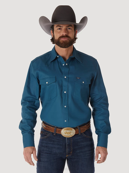 Wrangler Hommes Chemise de travail solide à manches longues, coupe cowboy, finition ferme, western snap PN28D421 vêtements sarcelle foncé (ms71419)