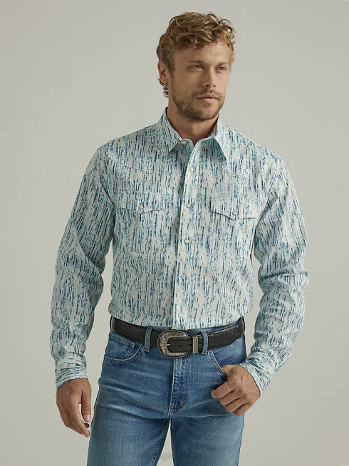 Wrangler Hommes Chemise western à manches longues, confort avancé, imprimé pression, 20x PN28D490 vêtements bleu pluvieux (112327797)