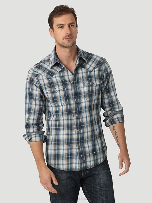 Wrangler Hommes chemise à carreaux western à manches longues rétro premium PN28D480 vêtements indigo profond (112327793)