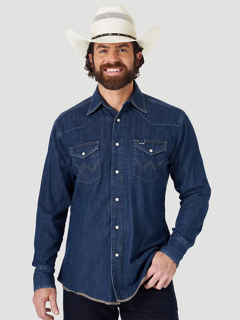 Wrangler Hommes chemise de travail western en denim à manches longues coupe cowboy PN28D406 vêtements jean foncé (ms1041d)