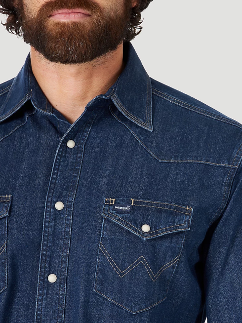 Wrangler Hommes chemise de travail western en denim à manches longues coupe cowboy PN28D406 vêtements jean foncé (ms1041d)