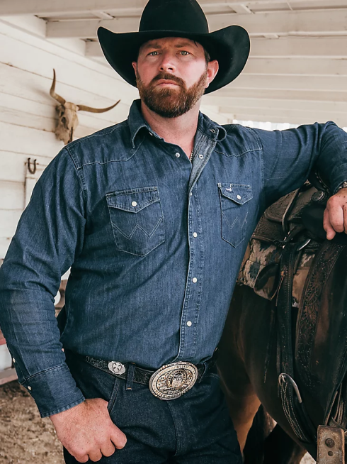 Wrangler Hommes chemise de travail western en denim à manches longues coupe cowboy PN28D406 vêtements jean foncé (ms1041d)
