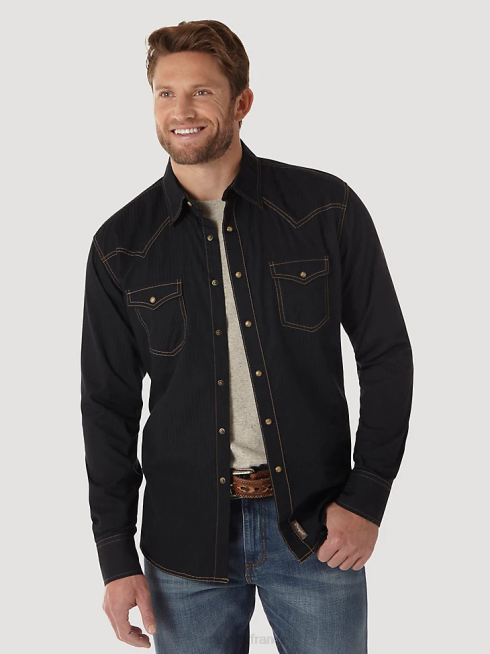 Wrangler Hommes chemise dobby unie à manches longues rétro western snap PN28D471 vêtements noir (mvr532x)