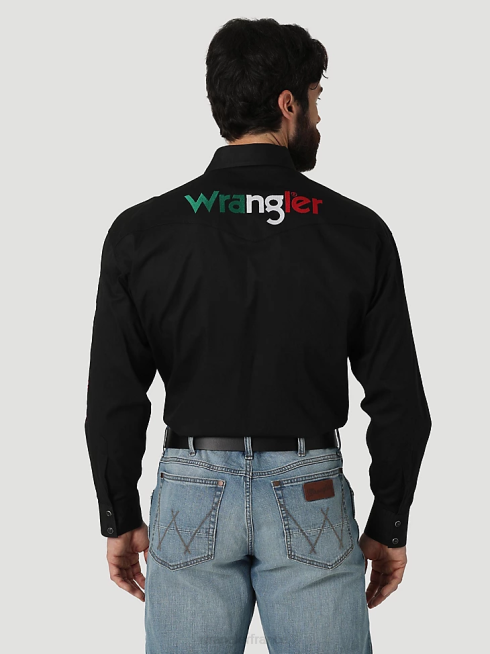 Wrangler Hommes chemise unie boutonnée à manches longues et logo PN28D396 vêtements noir (112317124)