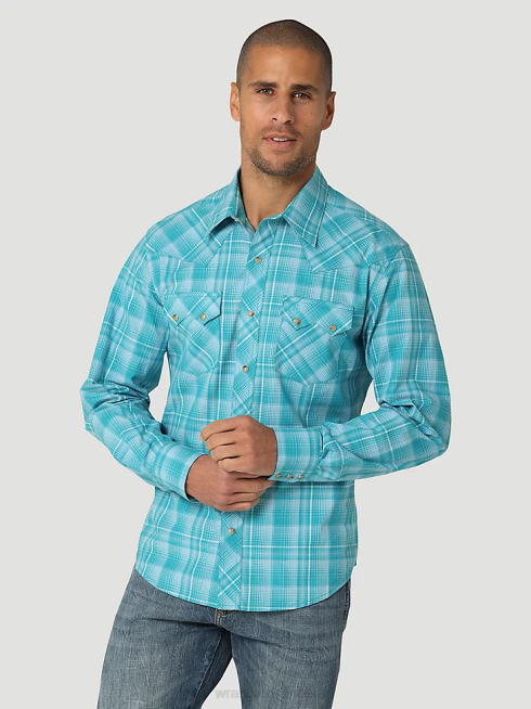 Wrangler Hommes chemise western rétro à manches longues et poche à bouton-pression en dents de scie PN28D693 vêtements bleu sarcelle (112324670)
