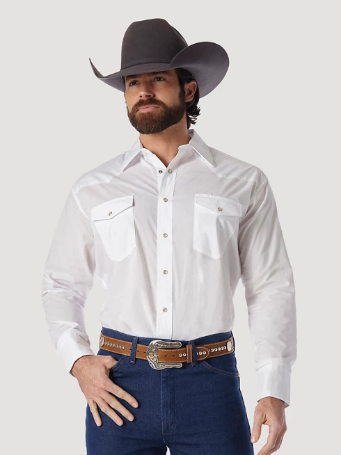 Wrangler Hommes chemise western snap - drap solide à manches longues PN28D449 vêtements blanc (71105wh)