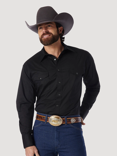Wrangler Hommes chemise western snap - drap solide à manches longues PN28D450 vêtements noir (71105bk)
