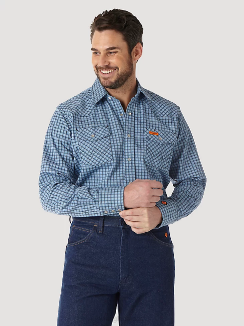 Wrangler Hommes fr chemise à carreaux western à manches longues ignifuge PN28D500 vêtements bleu marine/noir (fr123bl)