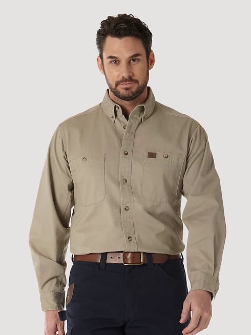 Wrangler Hommes riggs workwear chemise de travail boutonnée à manches longues en sergé uni PN28D351 vêtements kaki (3w501kh)