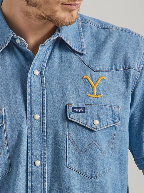 Wrangler x Yellowstone Hommes chemise de travail en chambray à manches courtes PN28D505 vêtements indigo délavé (112337485)