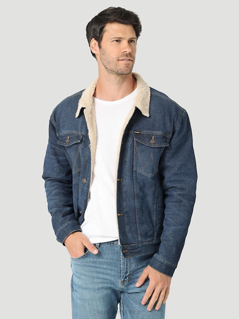 Wrangler Hommes veste en jean doublée en sherpa PN28D614 vêtements indigo foncé (112323850)